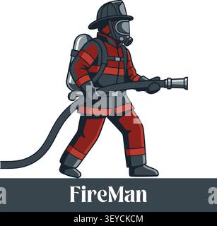 Firefighter in Protective Gear Holding Hose Stock Vector