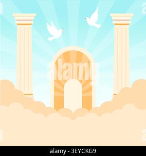 Heaven Gate with White Doves and Clouds Flat Background Stock Vector
