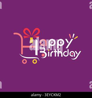 Happy Birthday Gift Cart Typography Logo Design on Purple Background Stock Vector