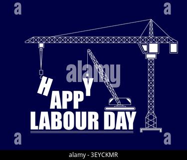 Happy Labour Day Typography with Construction Cranes Stock Vector