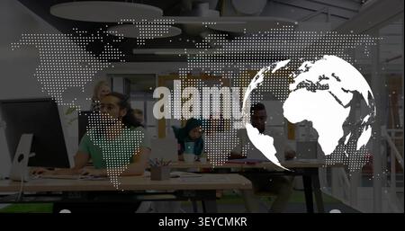 Seated man and team working in tech hub rotating globe overlay hiding or revealing monitors for coll Stock Photo