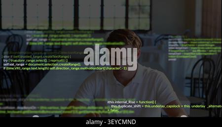 Man sitting in cafe, focusing on code, overlay growing, sipping cup, tapping tablet for software Stock Photo