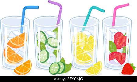 Glasses of fruit infused water with fresh lemon, citrus, orange, cucumber, strawberry and mint. Sparkling flavored tonic water with slices of fruit. Stock Vector