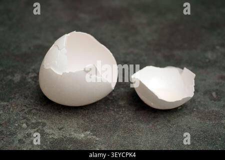 A larger broken eggshell rests next to a smaller piece. The shells are white and sit on a gray stone surface, hinting at recent activity in a kitchen Stock Photo