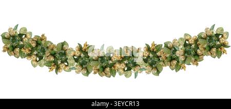 Christmas garland with golden glitter apples and green leaves isolated on white background border template Stock Photo