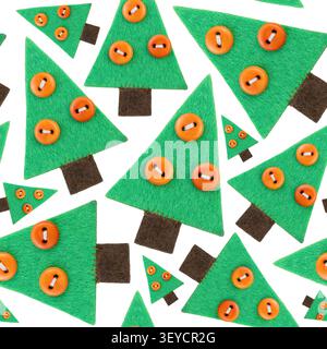 Handmade felt Christmas tree seamless pattern with orange buttons isolated on white background texture Stock Photo