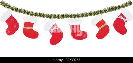 Handmade felt Christmas stocking garland isolated on white background upper border template Stock Photo