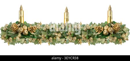 Christmas border garland with three golden candles and glitter berry clusters isolated on white background Stock Photo