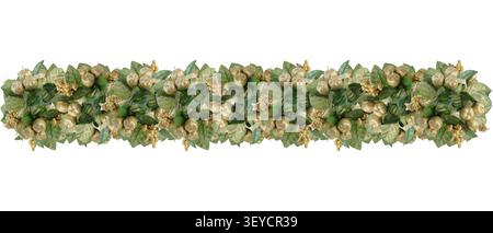 Christmas border garland with golden glitter apples and green leaves isolated on clean white background Stock Photo