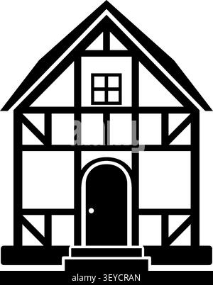 Flat illustration of a timber frame house with steep roof square window arched doorway and dark structural beams Stock Vector