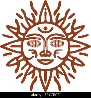 Flat illustration of a decorative sun face with expressive eyes curved rays and ornamental line details Stock Vector