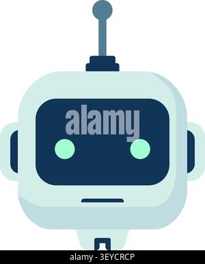 Flat illustration of a square robot head with antenna side panels glowing eyes and a neutral expression Stock Vector