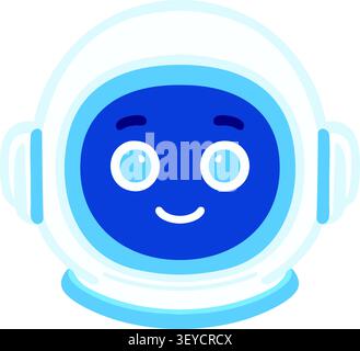 Flat illustration of a smiling astronaut helmet with blue face panel rounded visor and soft light accents Stock Vector