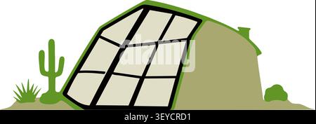 Flat illustration of a low glass greenhouse with grid panels surrounded by small desert plants and stones Stock Vector