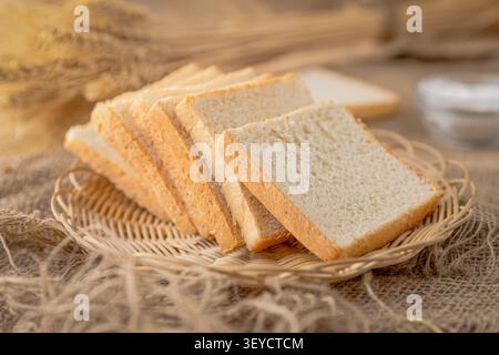 Fresh Sliced White Sandwich Bread on Wicker Basket with Rustic Linen Background Stock Photo