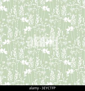 Seamless vector botanical pattern with white wild meadow herbs and field clover silhouettes on a pastel sage green background, elegant nature texture for wallpaper, textile fabric print, wrapping pape. Vector illustration Stock Vector