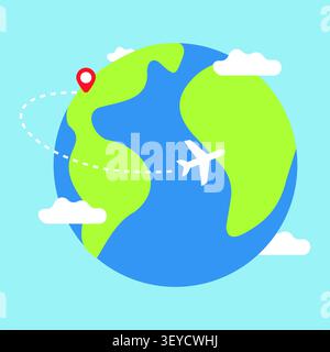Flat vector illustration of a global travel route featuring an airplane, world map, location pin, clouds, and flight path for tourism and aviation the Stock Vector
