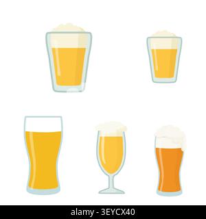 Glasses of frothy drink. Vector illustration. Set of beer mugs and glasses with lemonade, isolated pattern on a white background Stock Vector