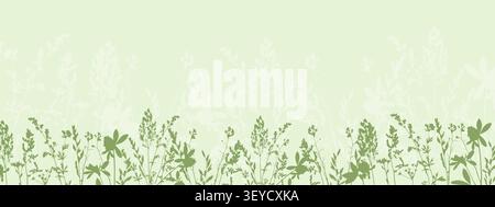 meadow grass border vector illustration with wild herb silhouettes on a pastel mint green background, horizontal botanical banner design for website headers, spring textile prints, cosmetic packaging. Vector illustration Stock Vector