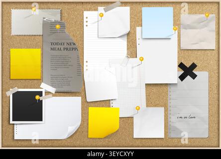 Realistic paper memo notes pinned to cork board. Vector illustration of torn and crumpled sheets, colorful sticky note pages and newspaper, office or school planner design, blank scrapbook stickers Stock Vector