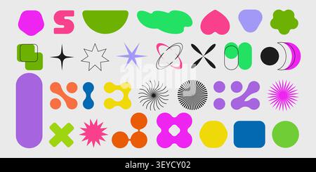 Modern abstract geometric shapes, simple figures, vector icons isolated on white background. Minimalist memphis design, brutalist forms collection, vibrant y2k line art patterns with sparkling stars Stock Vector