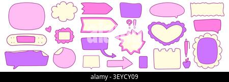 Cute stickers, pink speech bubbles, paper notes, stationery, and fun badges, vector set isolated on background. Empty frames for social media posts, school projects, or trendy y2k patch collages Stock Vector