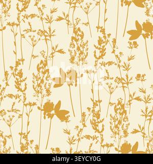 botanical pattern with mustard yellow wildflower and meadow herb silhouettes on a cream beige background, elegant summer nature texture for home textile, wallpaper, wrapping paper, and eco friendly pa. Vector illustration Stock Vector