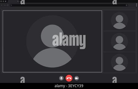 Video call interface mockup, laptop or computer screen layout, online conference template, abstract vector background with meeting control buttons, and participant profiles icons Stock Vector