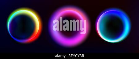 Glowing rainbow circles set isolated on black background. Vector realistic illustration of round neon color portals, magic light rings with blur effect, luminous space halo, mystical circular energy Stock Vector