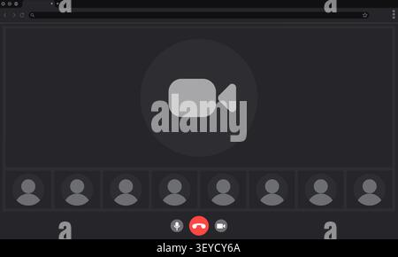 Video call interface mockup, laptop or computer screen layout, online conference template, abstract vector background with meeting control buttons, and participant profiles icons Stock Vector