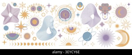 Celestial line art icons of mystical stars, moon phases, abstract wireframes, sun, eye and butterfly symbols. Boho magic vector design elements for spiritual astrology graphics, and esoteric projects Stock Vector