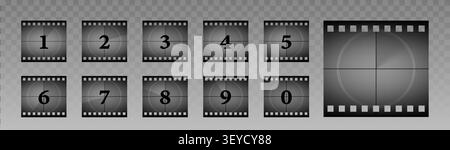Vintage countdown timer with movie film strip frames and retro cinema screen numbers for classic projector animation, realistic vector grey illustrations isolated on transparent background Stock Vector