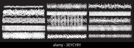 Stipple brush texture with grain effect and spray noise patterns, vector white line designs isolated on black background. Scattered granular dots and halftone gradient shadows, airbrush dividers Stock Vector