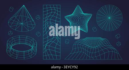 3D geometric shapes with Y2K wireframe grid texture. Vector realistic illustration of neon blue conus, star, torus icons, retro futuristic mesh landscape, design elements for tech background Stock Vector