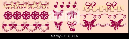 Delicate lace frame patterns set with ribbon bows, hearts and cherries isolated on pink background. Vector illustration of whimsical vintage borders for romantic designs and elegant invitations Stock Vector