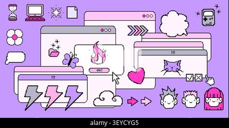 Pixel art sticker set with Y2K icons, retro game elements, vector illustration isolated on background. Heart, lightning, cloud and flower, folders digital design. Nostalgic 90s computer ui graphics Stock Vector