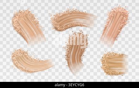 Makeup foundation smear set isolated on transparent background. Vector realistic illustration of creamy beige cosmetic texture, powder and liquid cream swatches, beauty complexion, tester samples Stock Vector