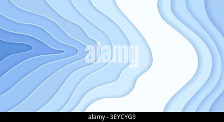 Abstract layered paper cutout landscape. Vector realistic illustration of blue and white 3D wave lines, textured relief with geometric pattern, papercut gradient water depth design, origami texture Stock Vector