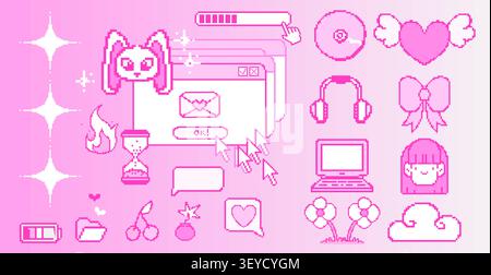 Pixel art sticker set with Y2K icons, retro game elements, vector illustration isolated on background. Winged heart, battery, headphone and cd, rabbit digital design. Nostalgic 90s computer ui graphic Stock Vector