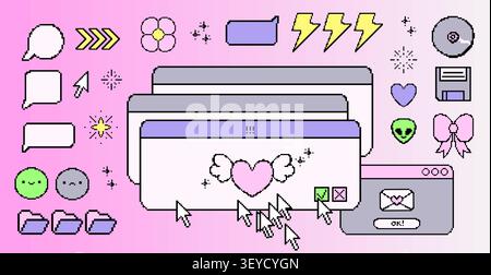 Pixel art sticker set with Y2K icons, retro game elements, vector illustration isolated on background. Heart, arrow, speech bubbles and folders digital design. Nostalgic 90s computer ui graphics Stock Vector