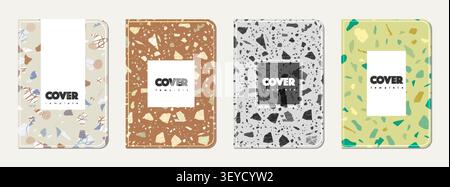 Note book cover design. Terrazzo abstract background made of natural stones, granite, quartz and marble. Venetian terrazzo texture note book template. Stock Vector