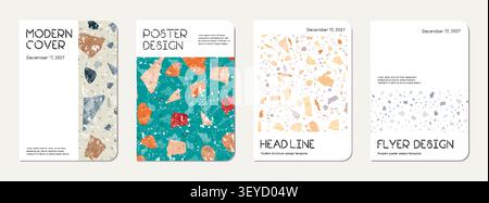 Note book cover design. Terrazzo abstract background made of natural stones, granite, quartz and marble. Venetian terrazzo texture note book template. Stock Vector