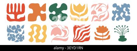 Abstract organic shape collection inspired by flowers leaves and botanical forms. Bold minimal graphic elements create a playful modern set for Stock Vector