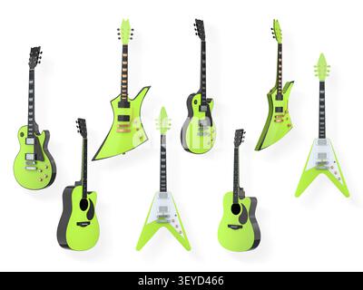 Set of electric and acoustic guitars with unique body shapes isolated on white background, concept of music variety. Stock Photo