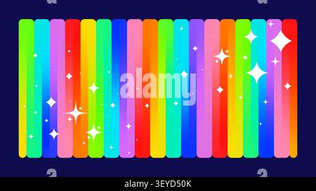 Zig zag dynamic continuous multicolor gradient stripe and whites sparkling stars symbols, geometric smooth neon curved shape, long rainbow ribbon with Stock Vector