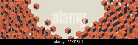 Abstract 3D block puzzle pattern with orange and Navy Blue cubes with different textures, Architecture vector isometric ornament, Brutalist geometric Stock Vector