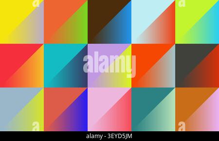 Abstract background with gradient squares, repeating dynamic pattern with colorful halftones, minimalist cover template with bright geometric triangle Stock Vector