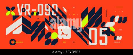 Abstract cyberpunk banner with future tech geometric elements in Ski Fi style, Flat futuristic background with brutalism shapes, technology Hi Tech y2 Stock Vector