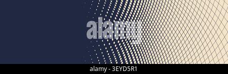Abstract dark blue and beige background combines elegant halftone gradient transition with a geometric curved grid mesh, Modern optical illusion vecto Stock Vector