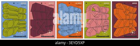 Abstract geometric postmodern composition with isometric 3D cube shape in brutalism aesthetics, vector avant-garde volumetric forms in perspective, Co Stock Vector